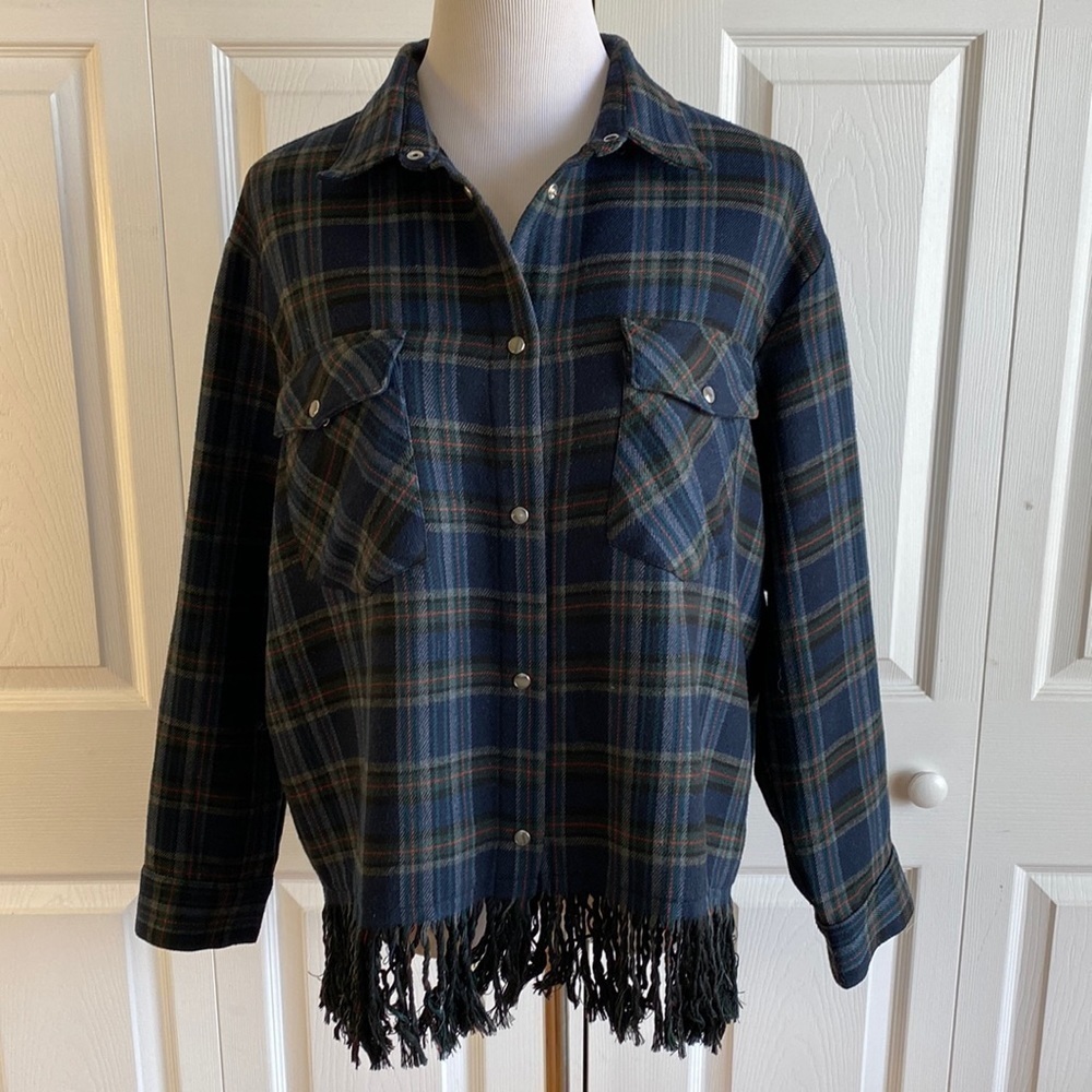 Zara Blue Plaid Fringe Snap Front Jacket Size Large